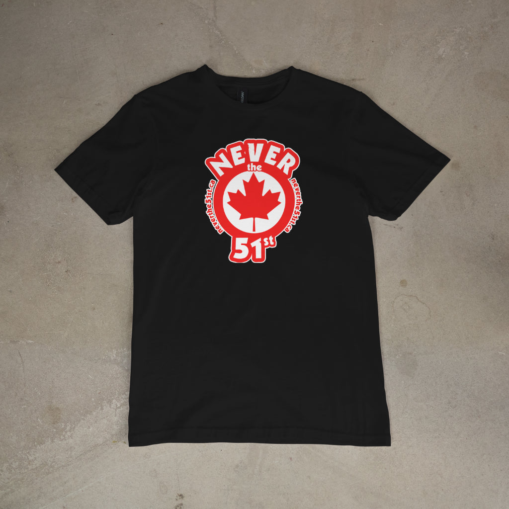 Front view of Never the 51st Maple Leaf T-Shirt in black with bold red graphic – Canadian tee