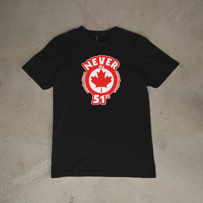 Front view of Never the 51st Maple Leaf T-Shirt in black with bold red graphic – Canadian tee